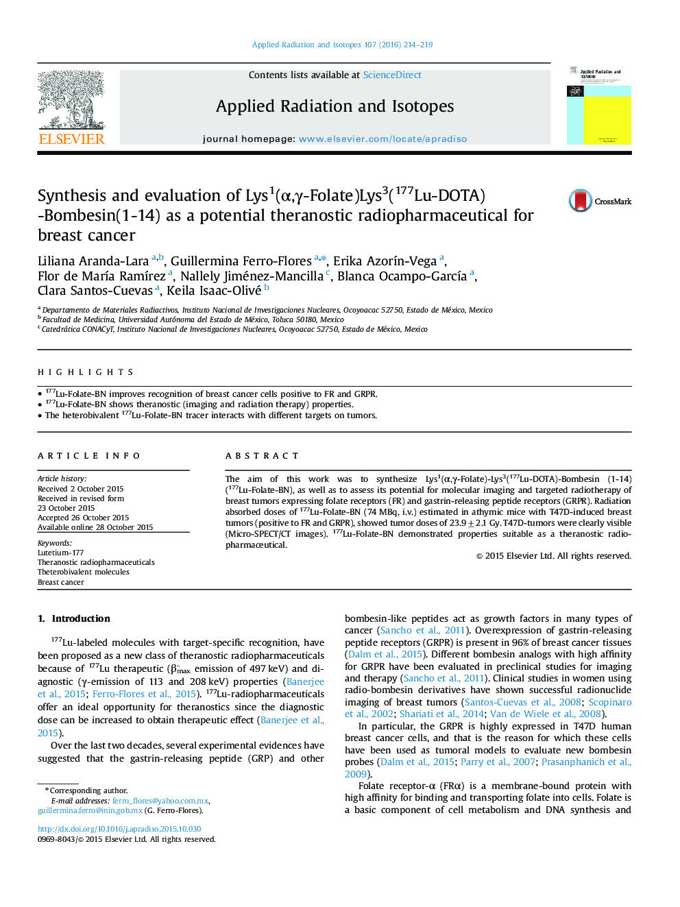 Synthesis and evaluation of Lys1(α,γ-Folate)Lys3(177Lu-DOTA)-Bombesin(1-14) as a potential theranostic radiopharmaceutical for breast cancer