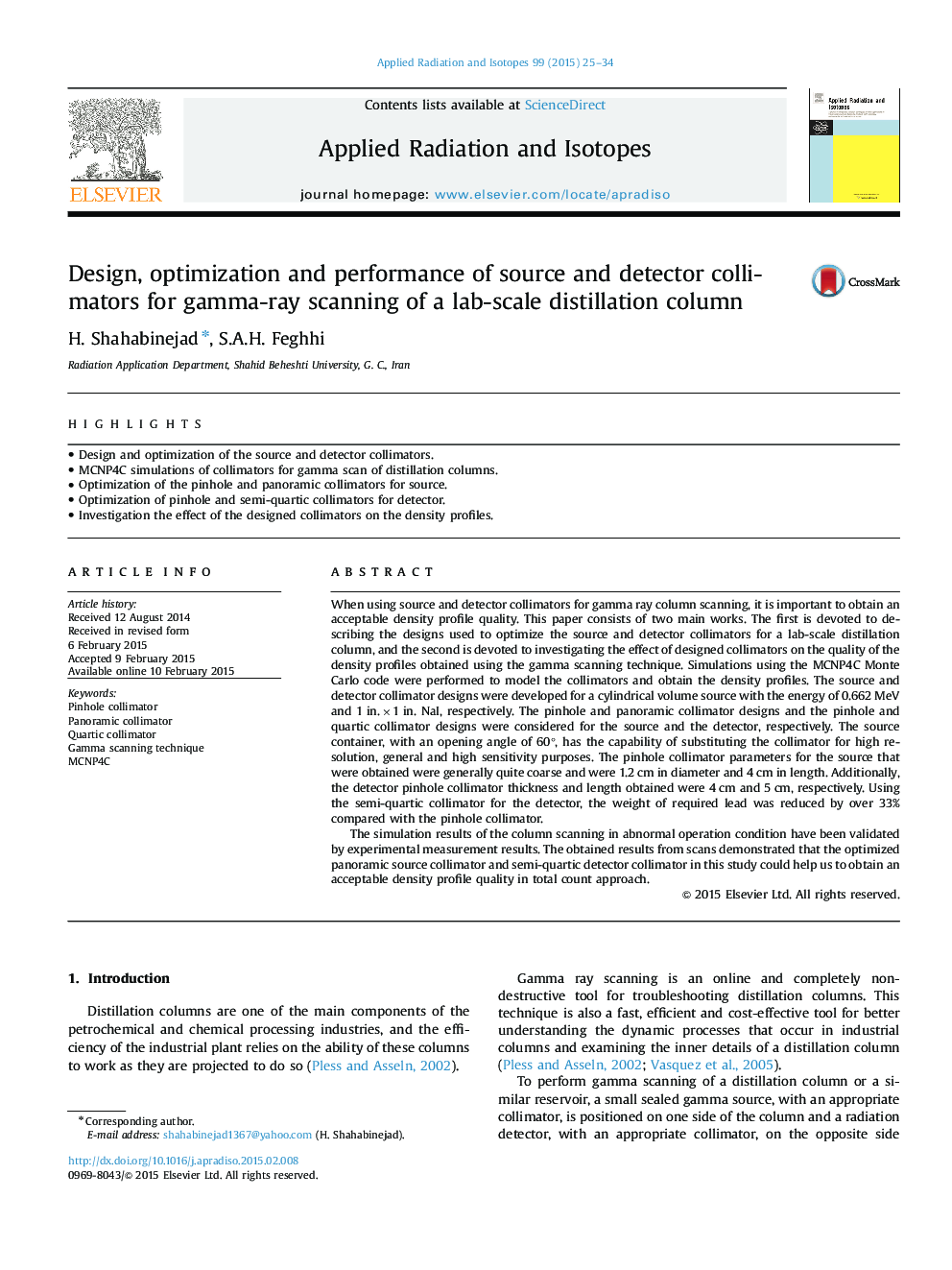 Design, optimization and performance of source and detector collimators for gamma-ray scanning of a lab-scale distillation column