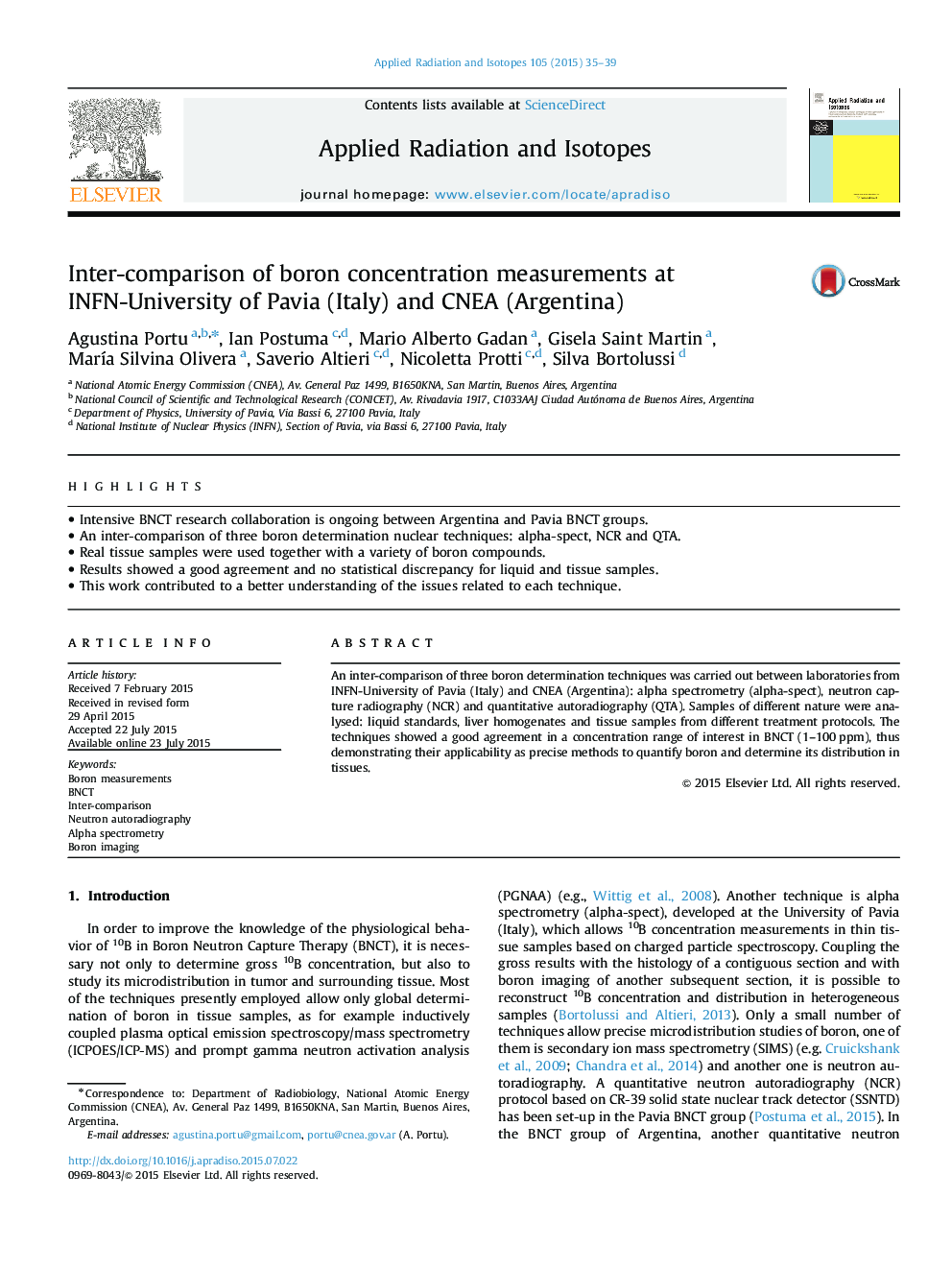 Inter-comparison of boron concentration measurements at INFN-University of Pavia (Italy) and CNEA (Argentina)