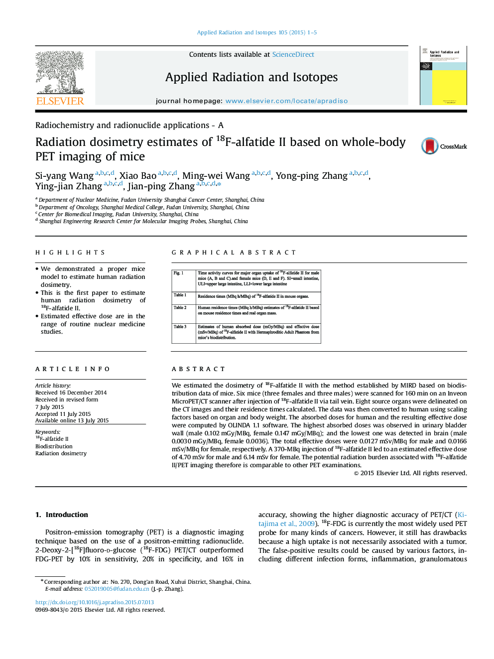 Radiation dosimetry estimates of 18F-alfatide II based on whole-body PET imaging of mice