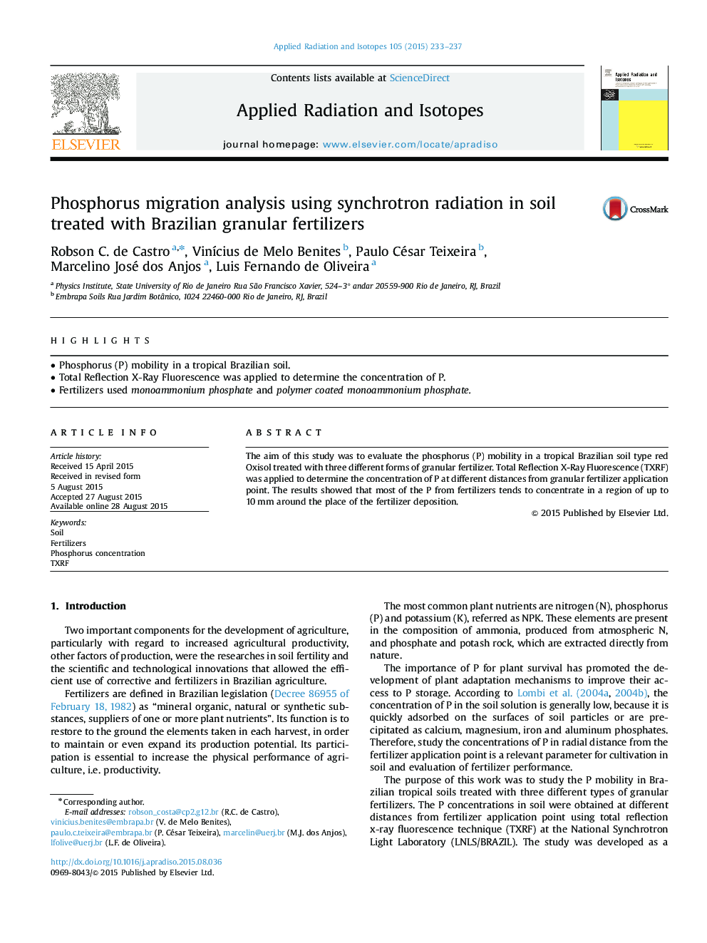 Phosphorus migration analysis using synchrotron radiation in soil treated with Brazilian granular fertilizers