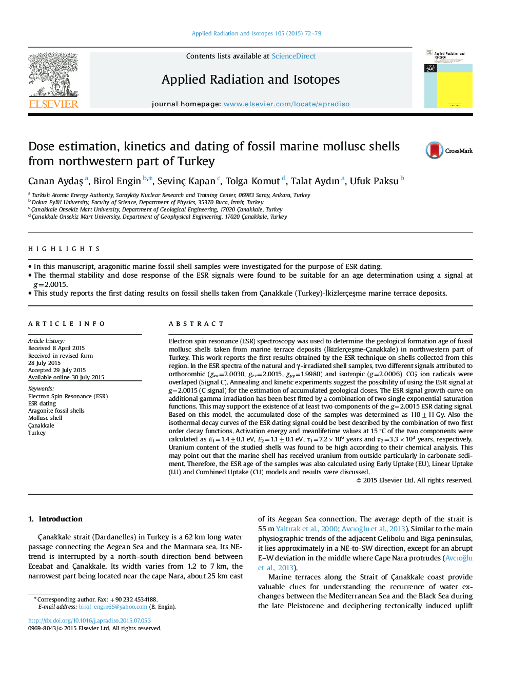 Dose estimation, kinetics and dating of fossil marine mollusc shells from northwestern part of Turkey