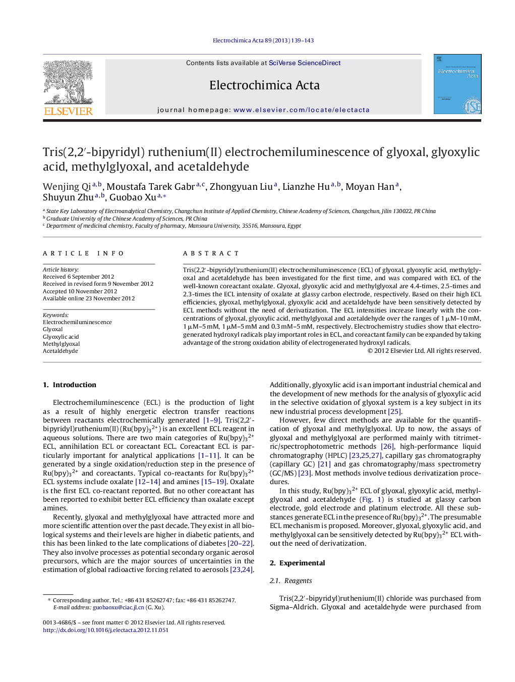 Tris(2,2′-bipyridyl) ruthenium(II) electrochemiluminescence of glyoxal, glyoxylic acid, methylglyoxal, and acetaldehyde
