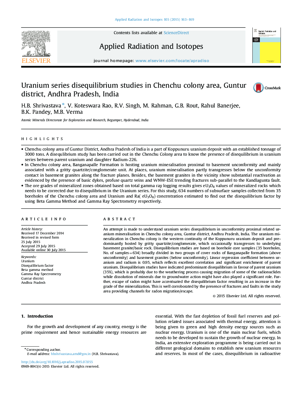 Uranium series disequilibrium studies in Chenchu colony area, Guntur district, Andhra Pradesh, India