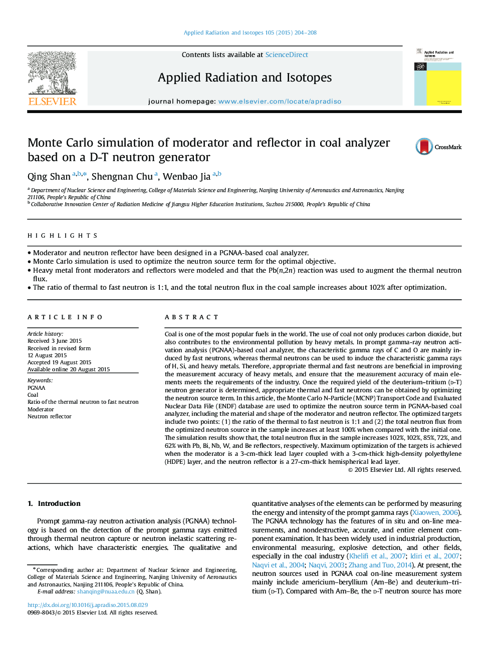 Monte Carlo simulation of moderator and reflector in coal analyzer based on a D-T neutron generator