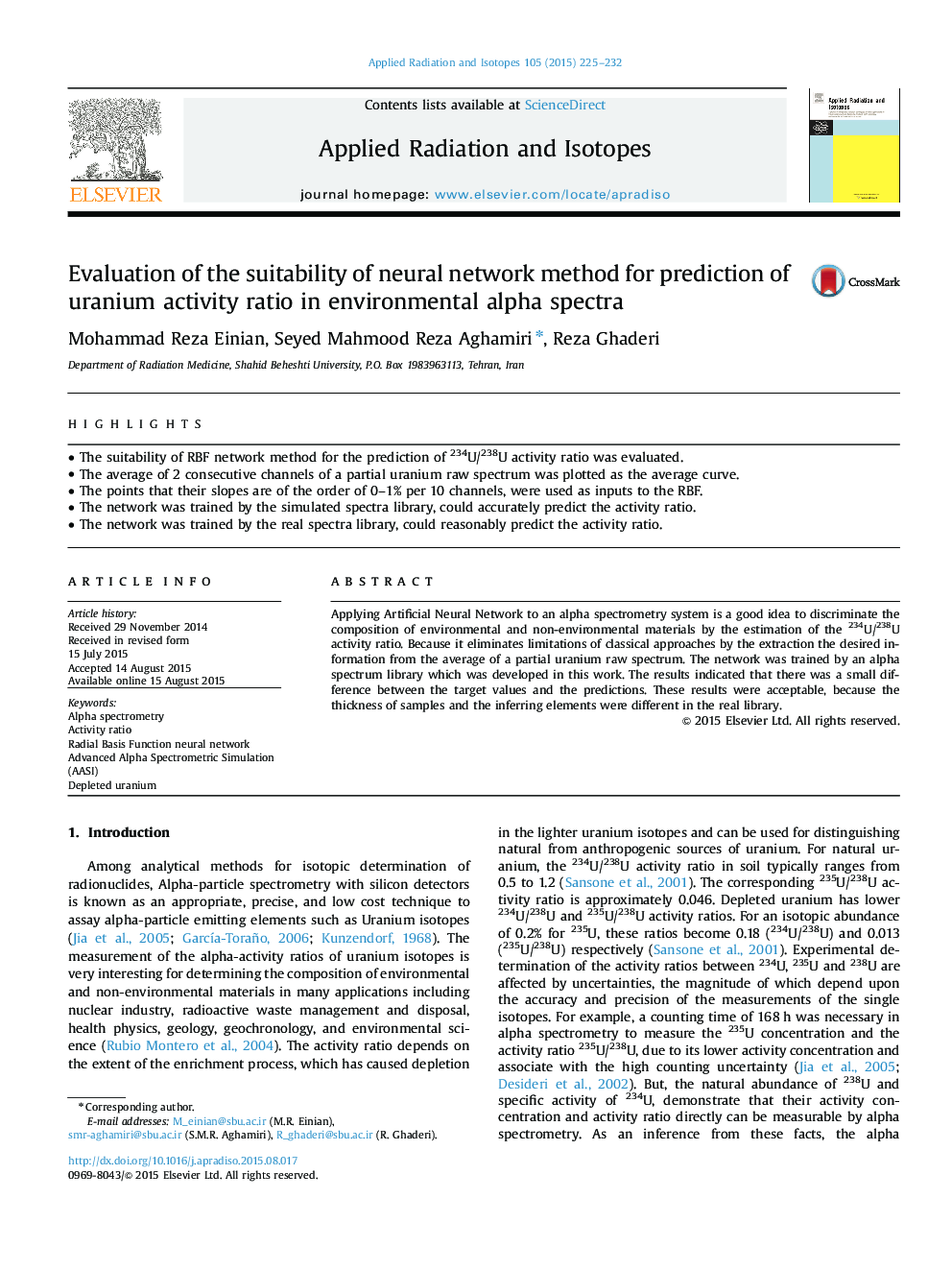 Evaluation of the suitability of neural network method for prediction of uranium activity ratio in environmental alpha spectra