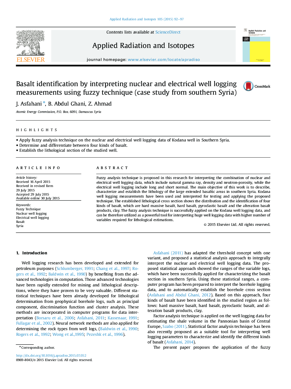 Basalt identification by interpreting nuclear and electrical well logging measurements using fuzzy technique (case study from southern Syria)