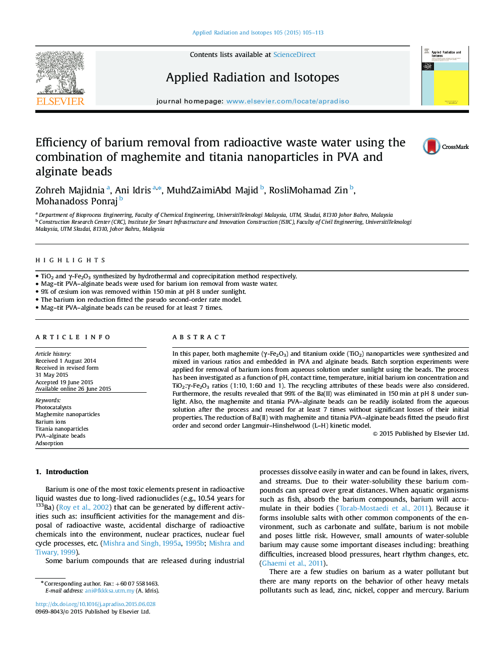 Efficiency of barium removal from radioactive waste water using the combination of maghemite and titania nanoparticles in PVA and alginate beads