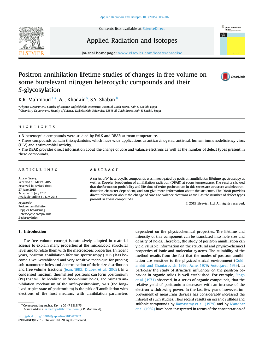 Positron annihilation lifetime studies of changes in free volume on some biorelevant nitrogen heterocyclic compounds and their S-glycosylation