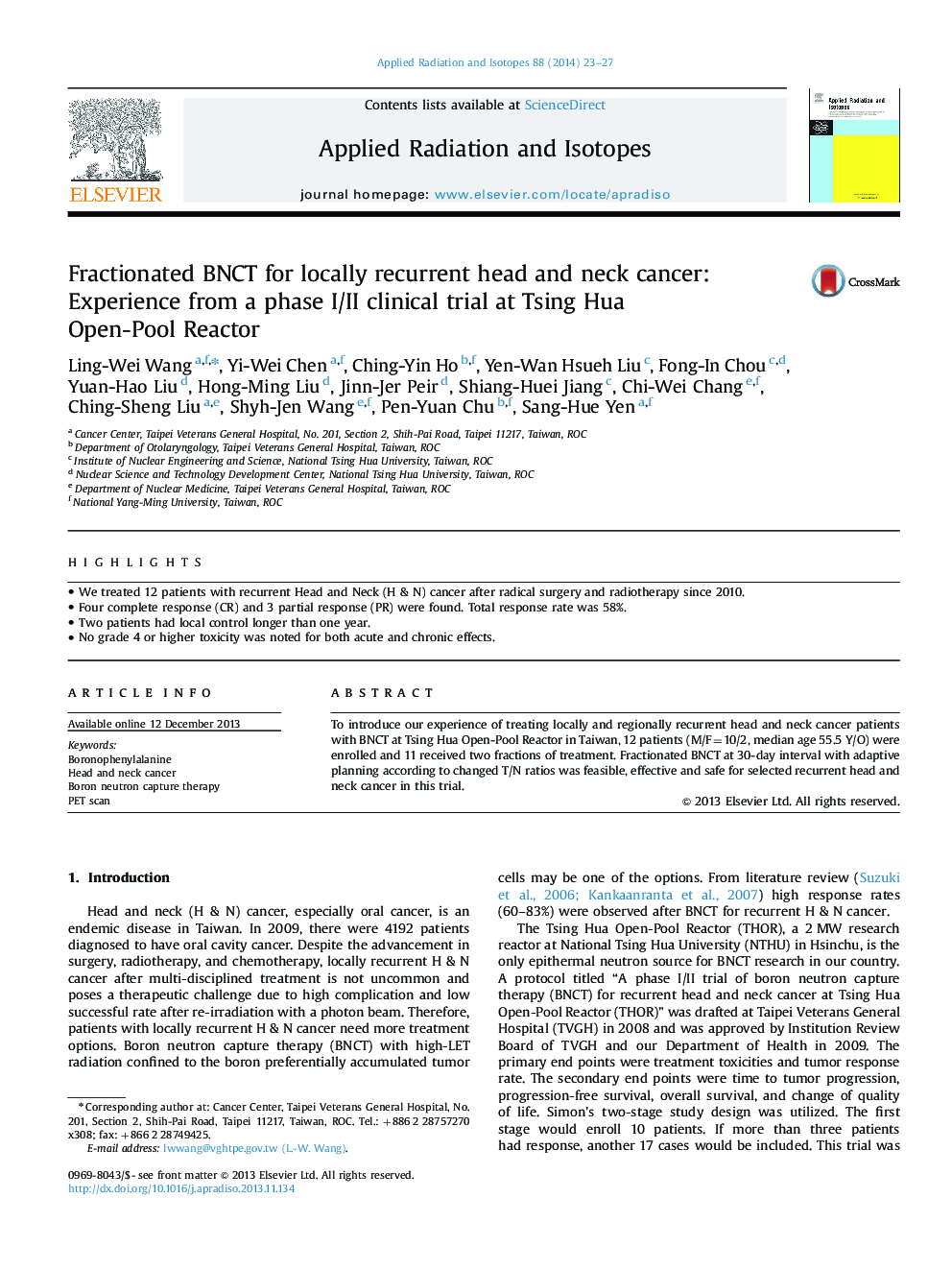 Fractionated BNCT for locally recurrent head and neck cancer: Experience from a phase I/II clinical trial at Tsing Hua Open-Pool Reactor
