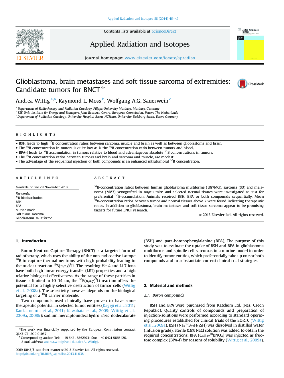 Glioblastoma, brain metastases and soft tissue sarcoma of extremities: Candidate tumors for BNCT 