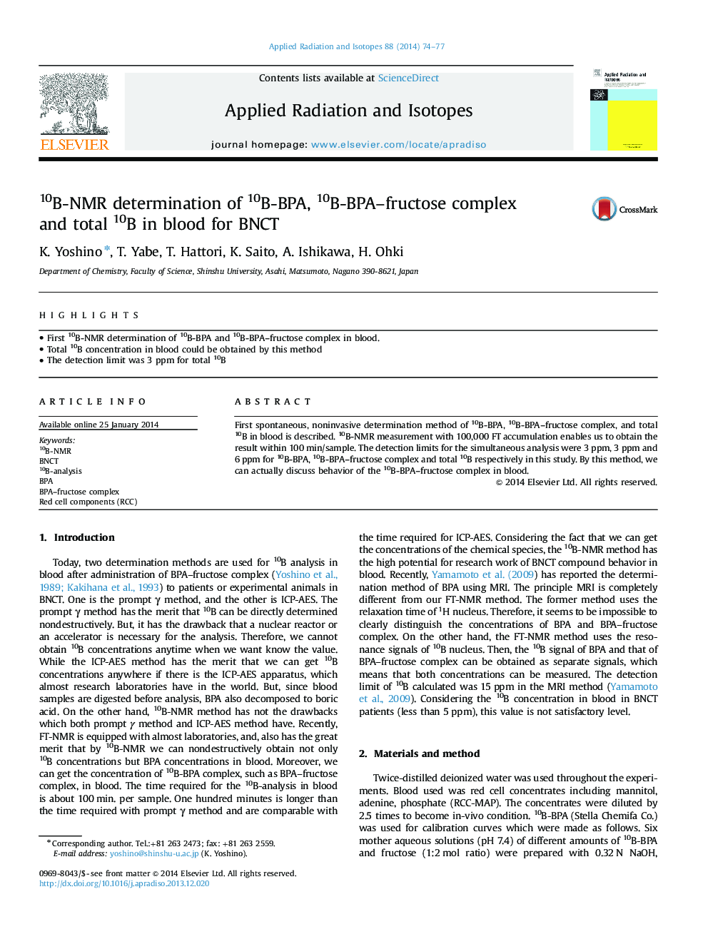 10B-NMR determination of 10B-BPA, 10B-BPA–fructose complex and total 10B in blood for BNCT