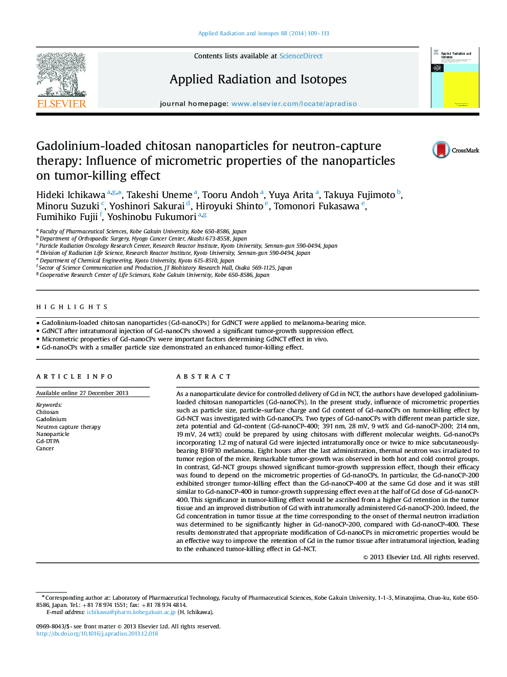 Gadolinium-loaded chitosan nanoparticles for neutron-capture therapy: Influence of micrometric properties of the nanoparticles on tumor-killing effect