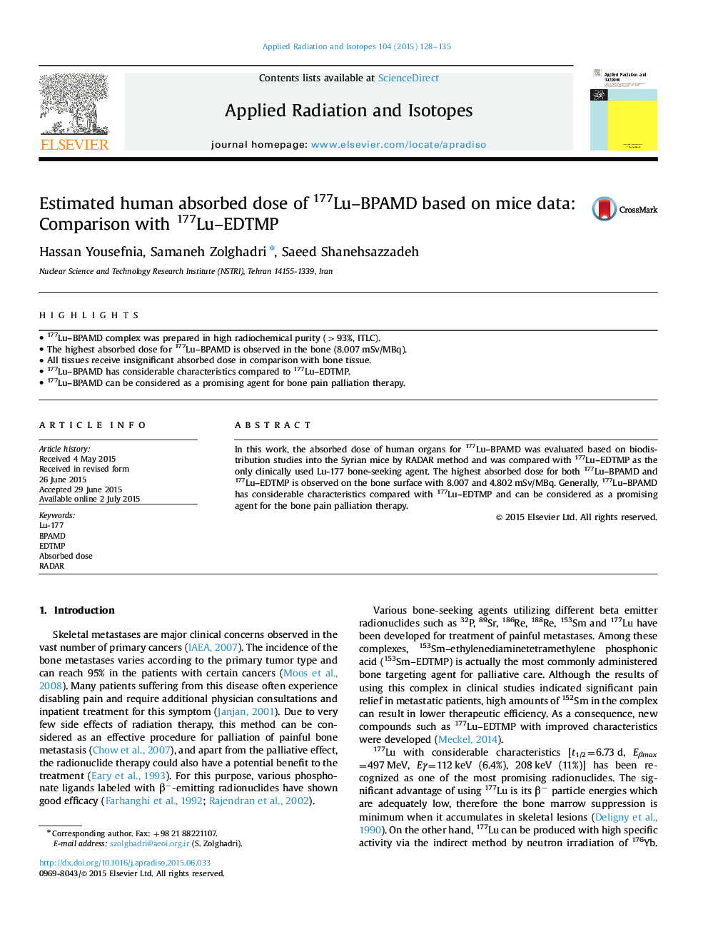 Estimated human absorbed dose of 177Lu-BPAMD based on mice data: Comparison with 177Lu-EDTMP