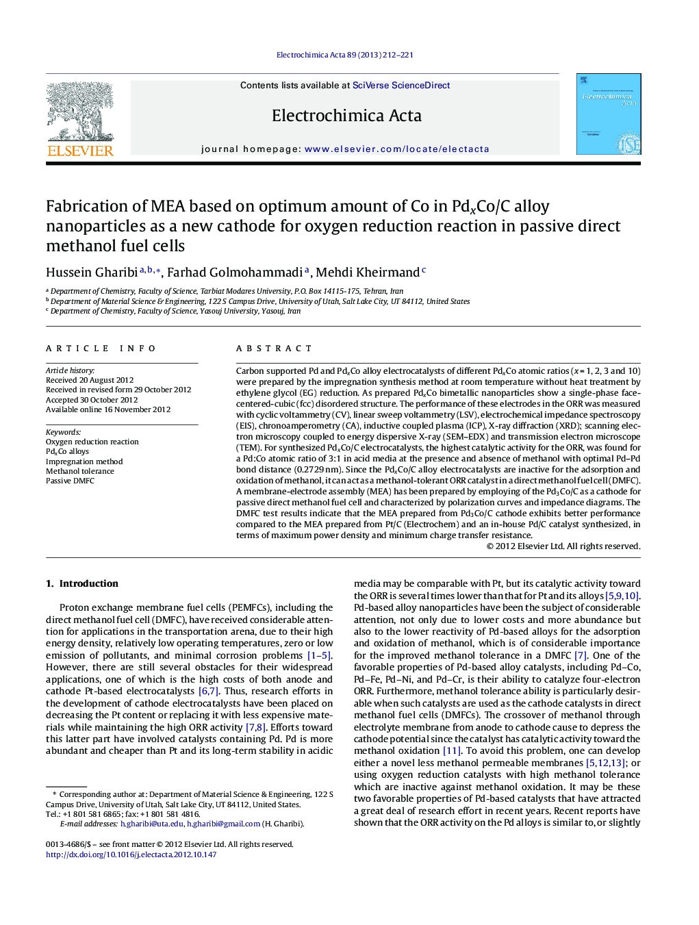 Fabrication of MEA based on optimum amount of Co in PdxCo/C alloy nanoparticles as a new cathode for oxygen reduction reaction in passive direct methanol fuel cells