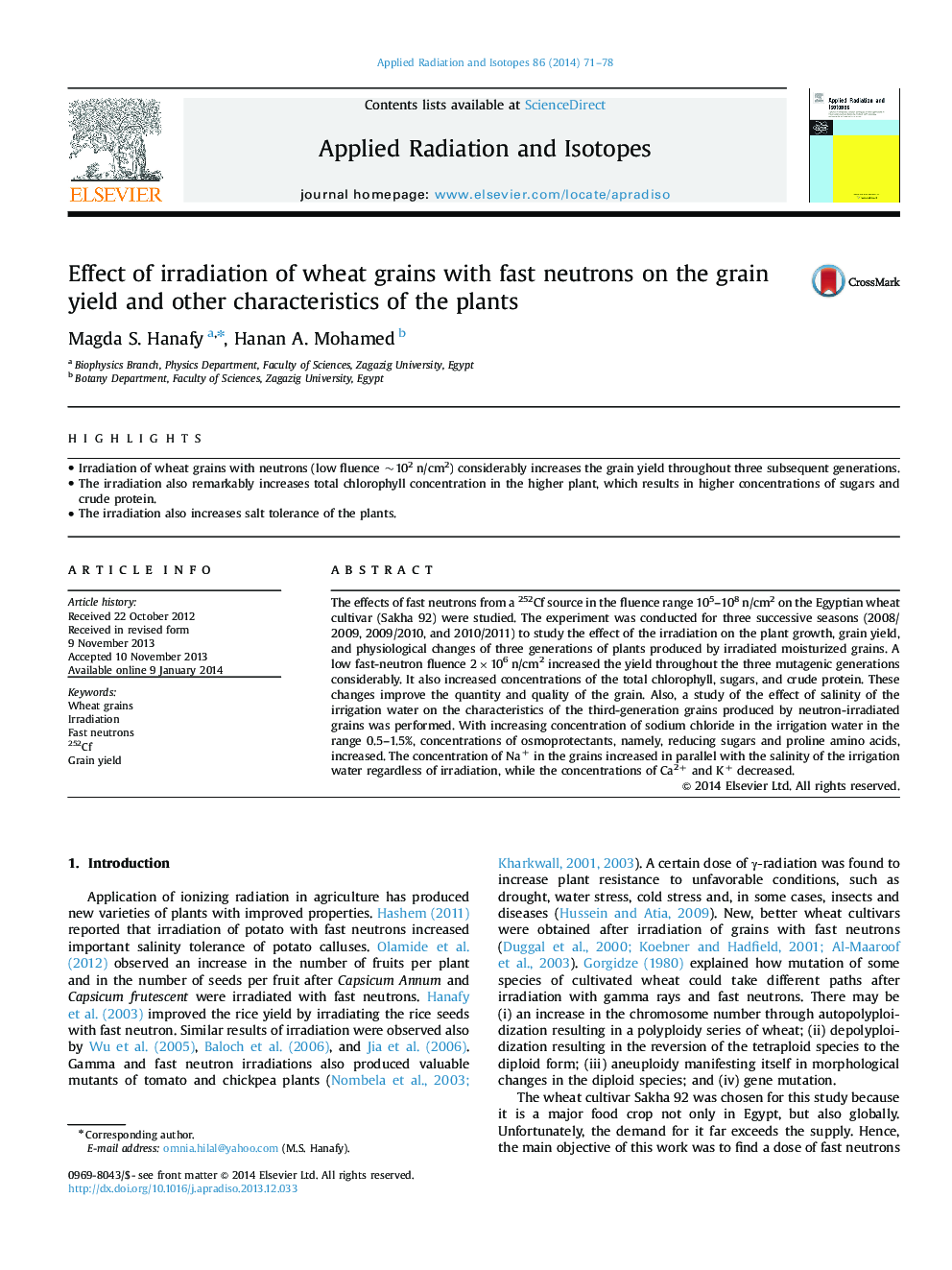 Effect of irradiation of wheat grains with fast neutrons on the grain yield and other characteristics of the plants