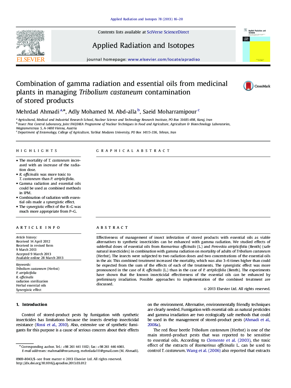 Combination of gamma radiation and essential oils from medicinal plants in managing Tribolium castaneum contamination of stored products