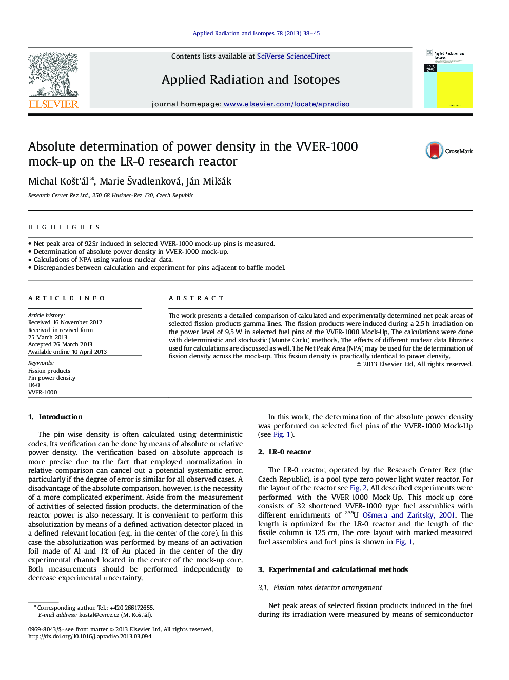 Absolute determination of power density in the VVER-1000 mock-up on the LR-0 research reactor