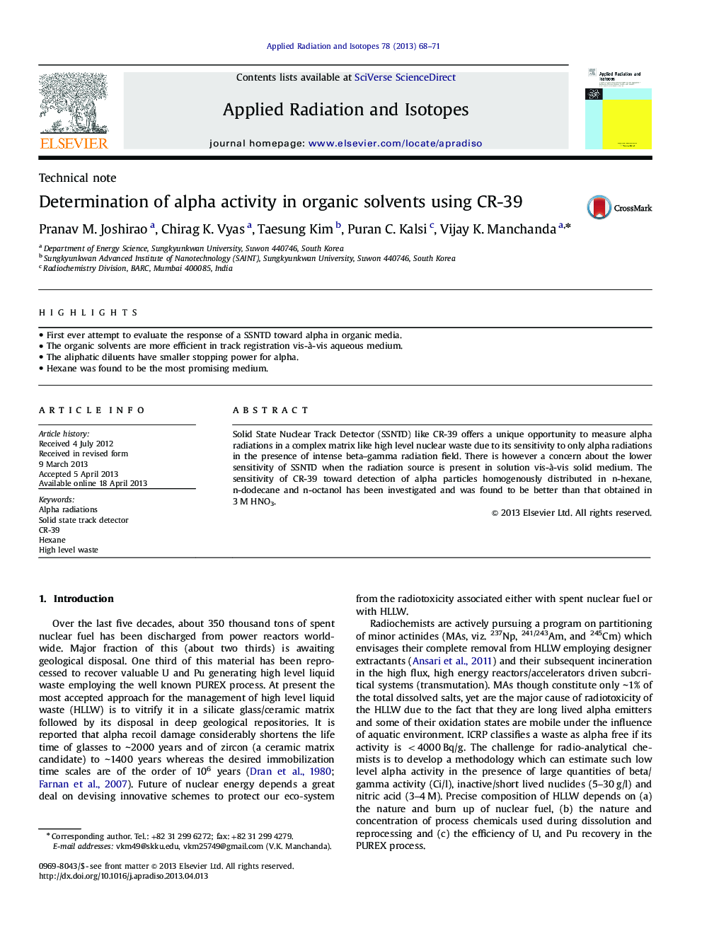 Determination of alpha activity in organic solvents using CR-39