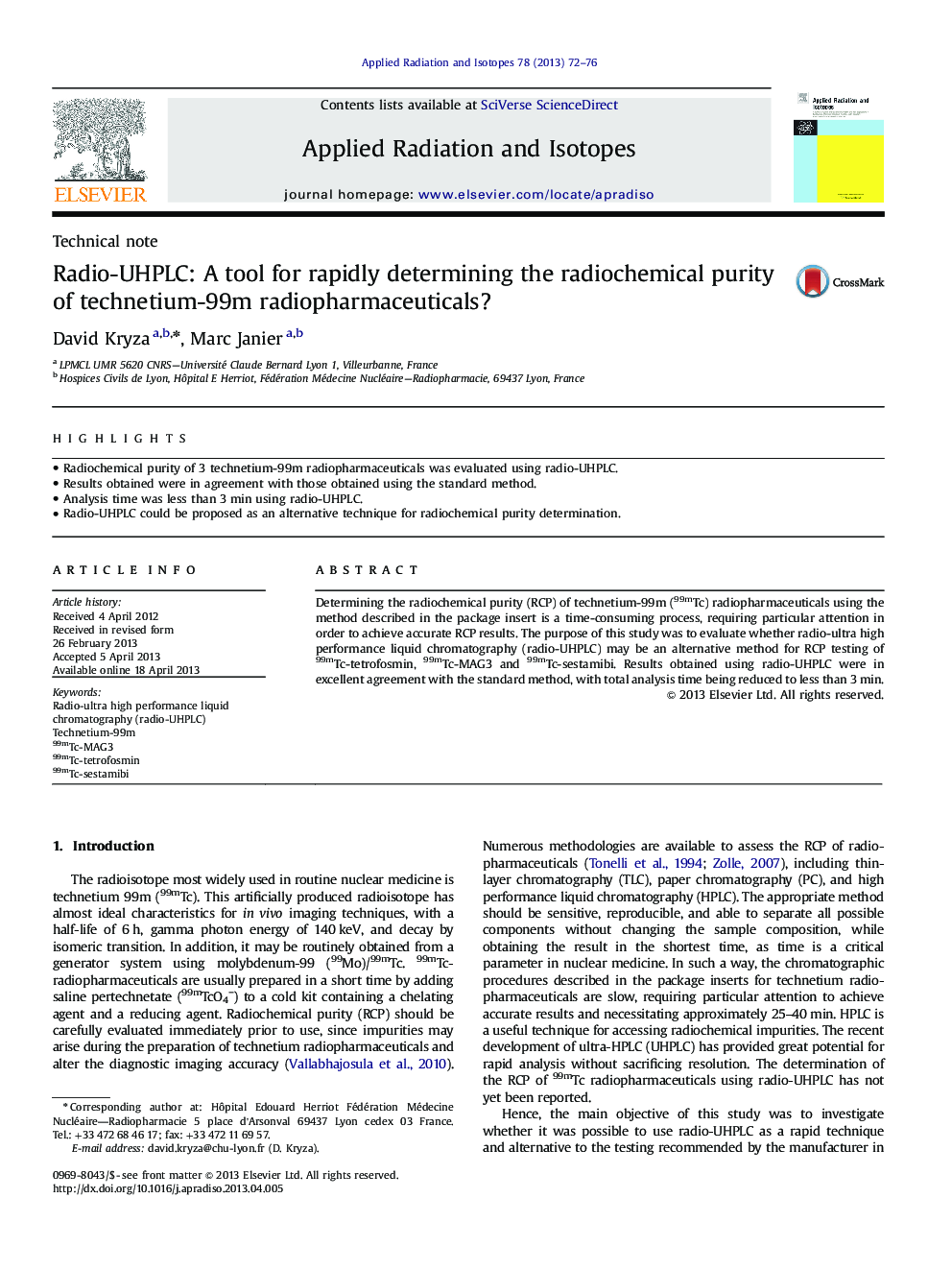 Radio-UHPLC: A tool for rapidly determining the radiochemical purity of technetium-99m radiopharmaceuticals?