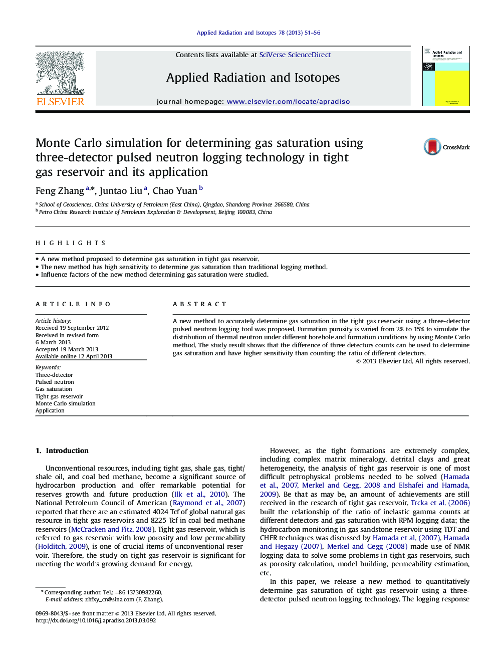 Monte Carlo simulation for determining gas saturation using three-detector pulsed neutron logging technology in tight gas reservoir and its application