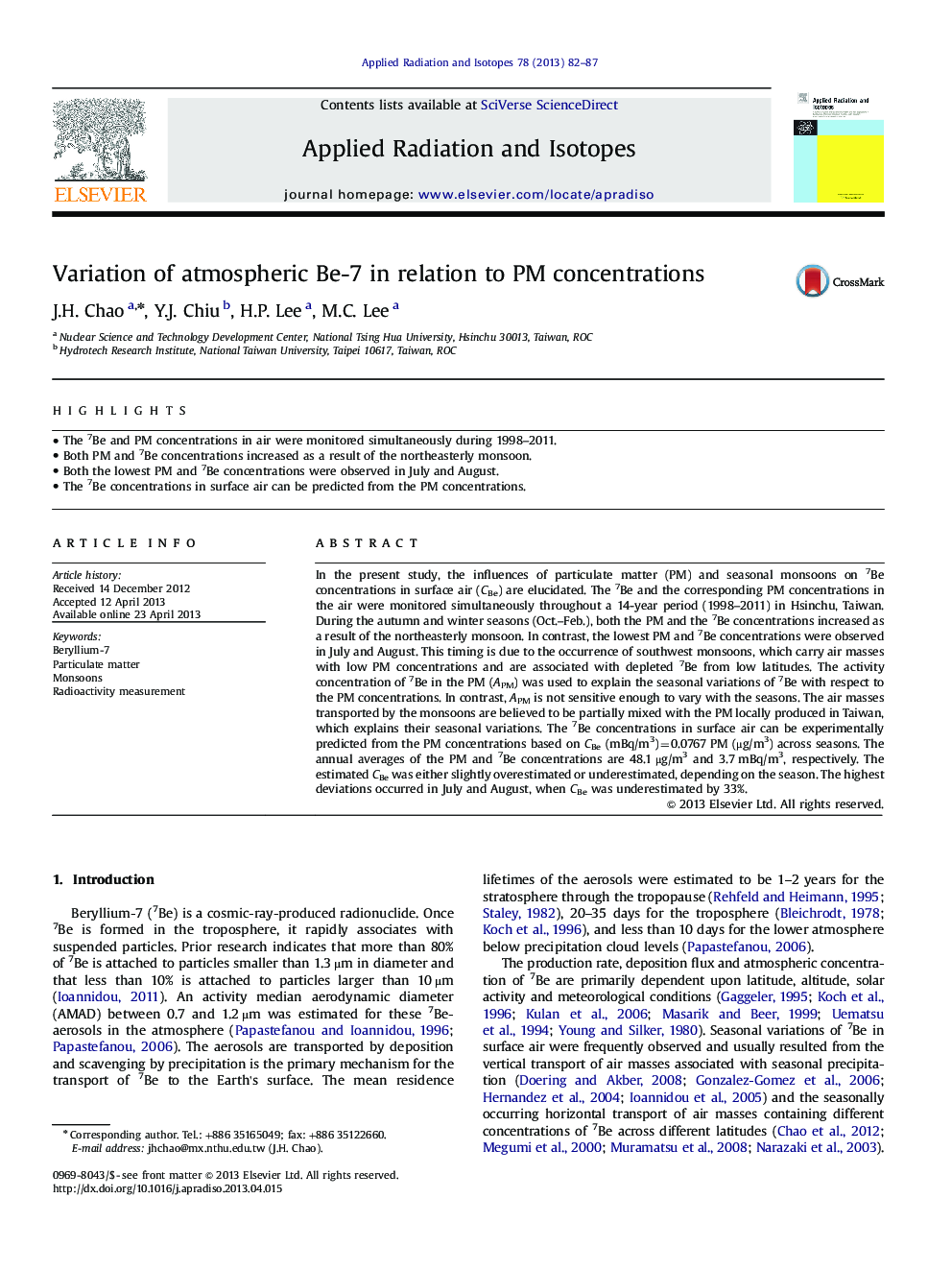 Variation of atmospheric Be-7 in relation to PM concentrations