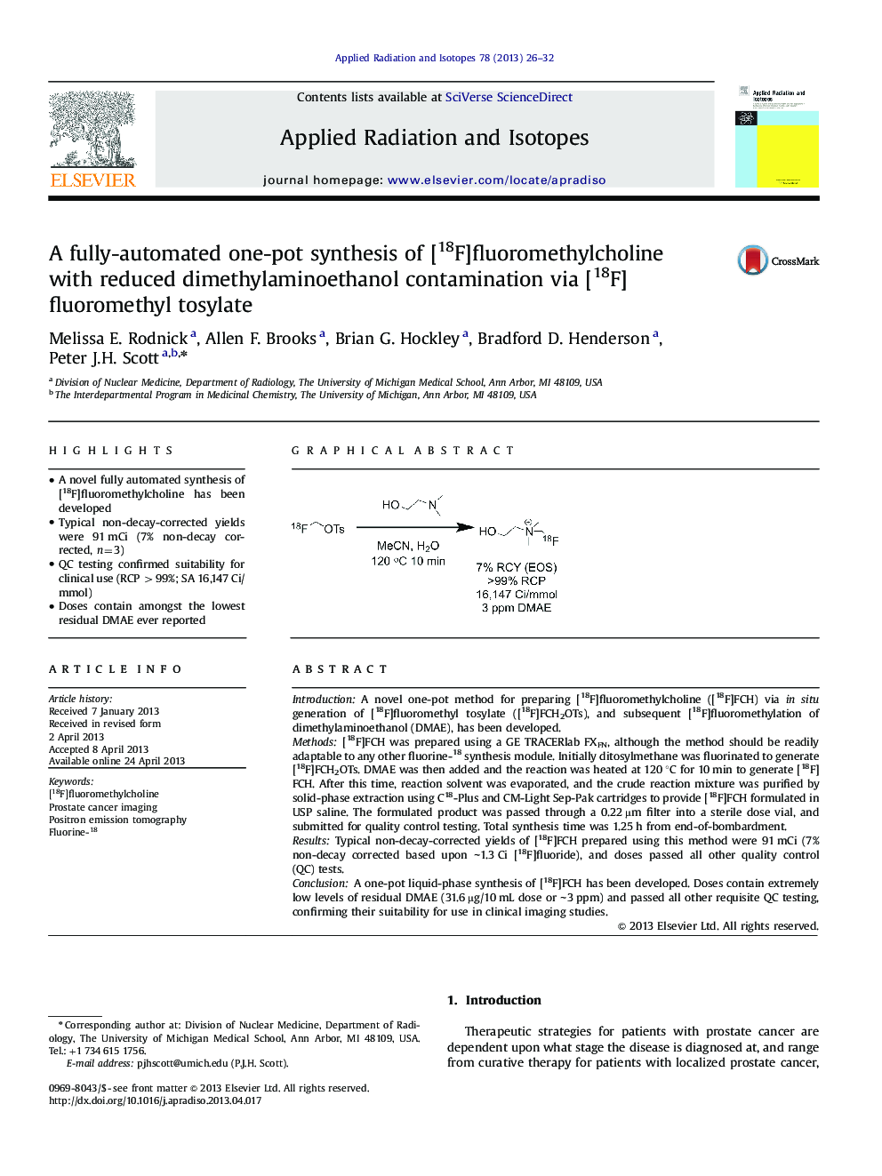 A fully-automated one-pot synthesis of [18F]fluoromethylcholine with reduced dimethylaminoethanol contamination via [18F]fluoromethyl tosylate