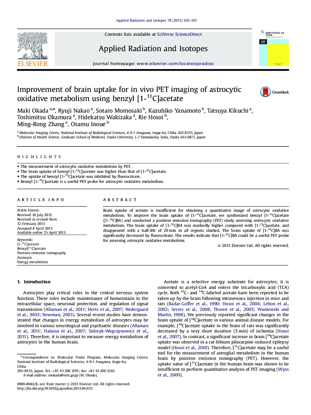 Improvement of brain uptake for in vivo PET imaging of astrocytic oxidative metabolism using benzyl [1-11C]acetate