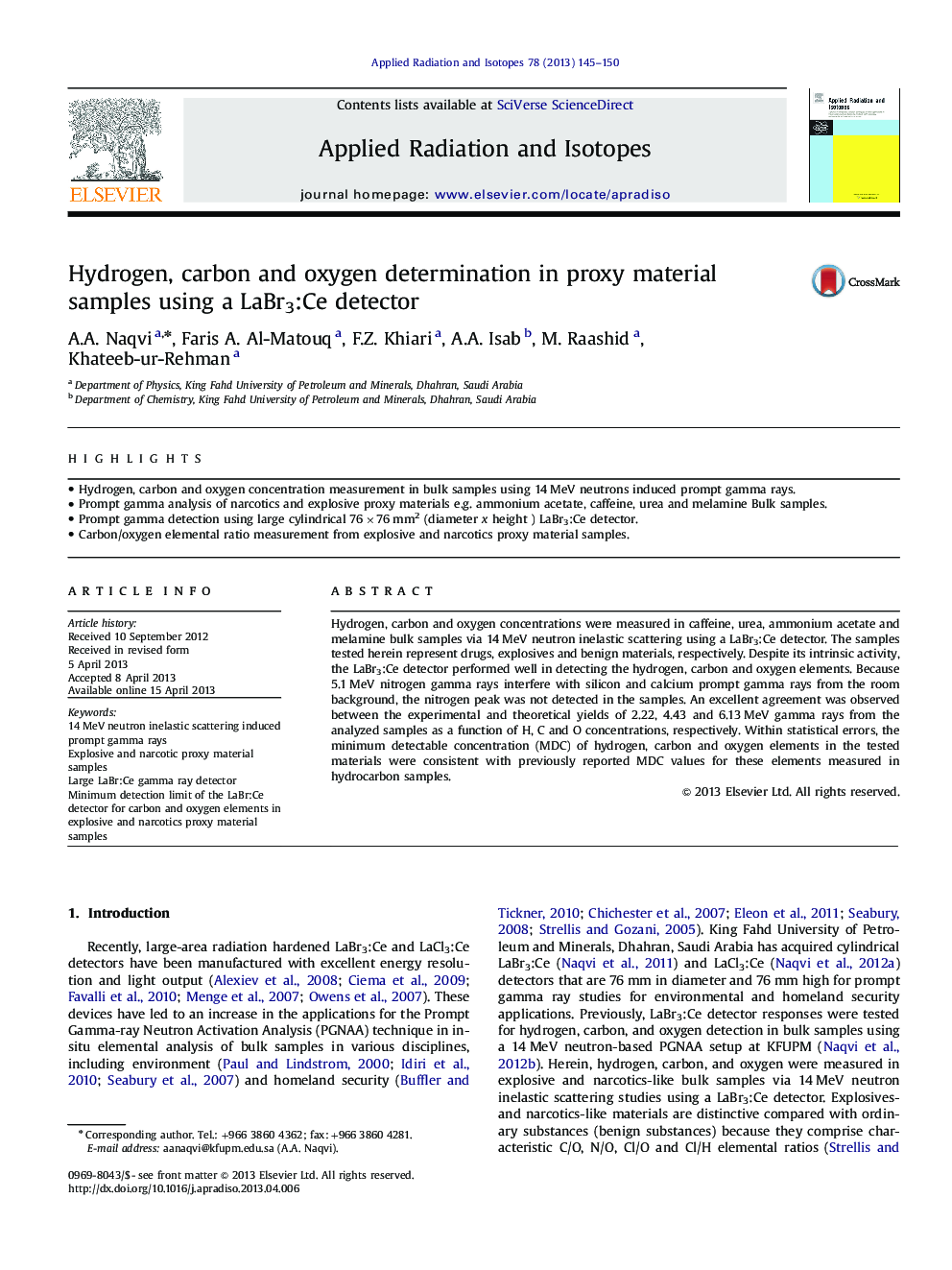 Hydrogen, carbon and oxygen determination in proxy material samples using a LaBr3:Ce detector