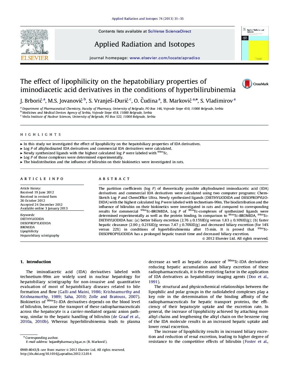 The effect of lipophilicity on the hepatobiliary properties of iminodiacetic acid derivatives in the conditions of hyperbilirubinemia