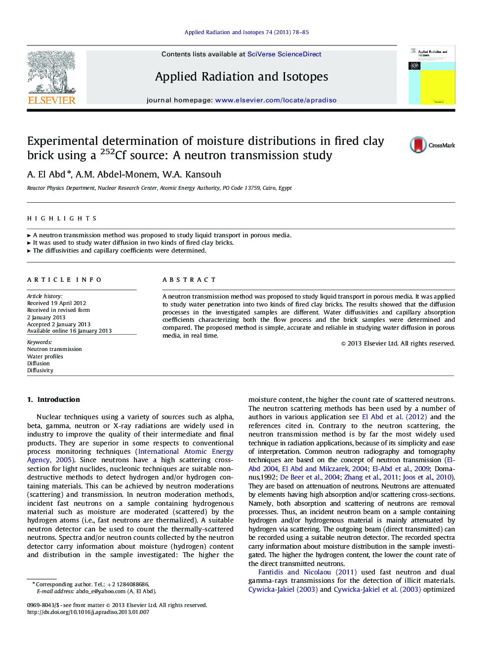 Experimental determination of moisture distributions in fired clay brick using a 252Cf source: A neutron transmission study