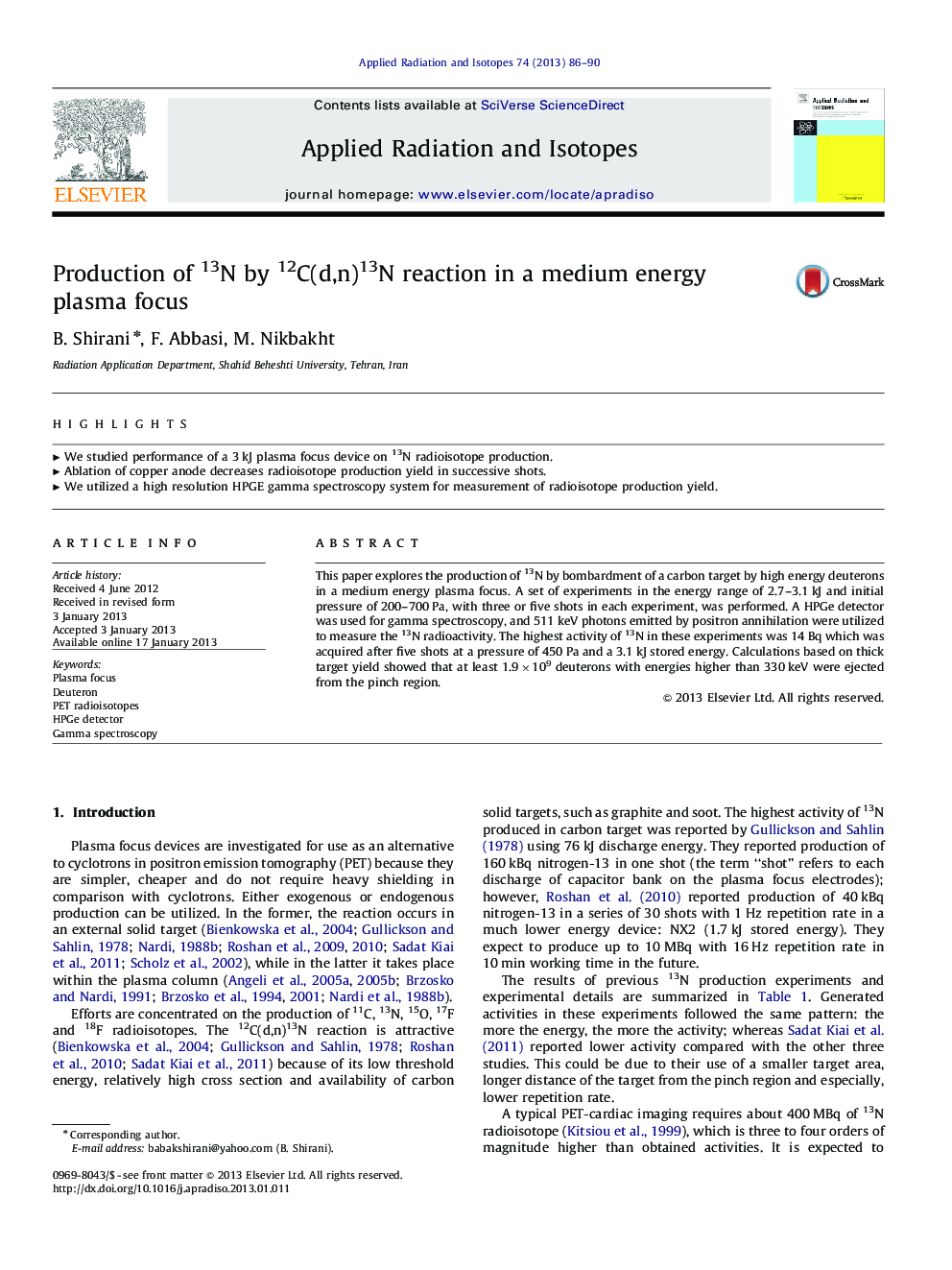 Production of 13N by 12C(d,n)13N reaction in a medium energy plasma focus