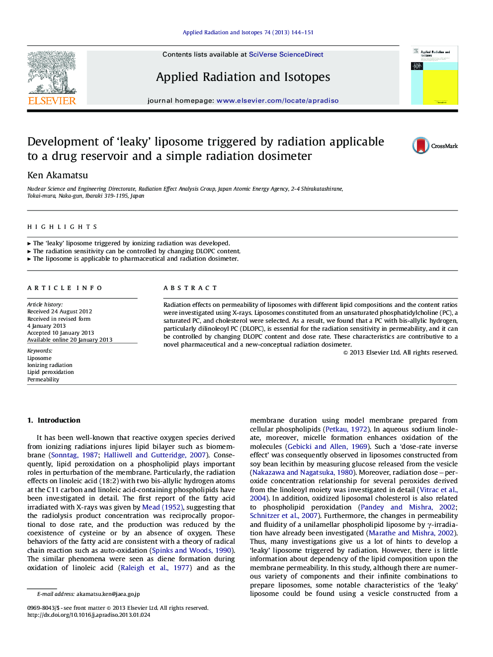 Development of ‘leaky’ liposome triggered by radiation applicable to a drug reservoir and a simple radiation dosimeter