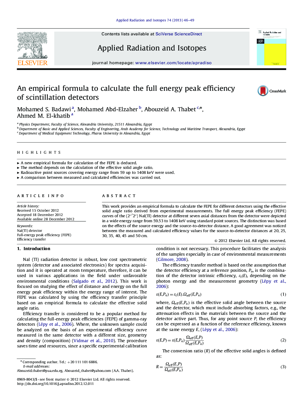 An empirical formula to calculate the full energy peak efficiency of scintillation detectors