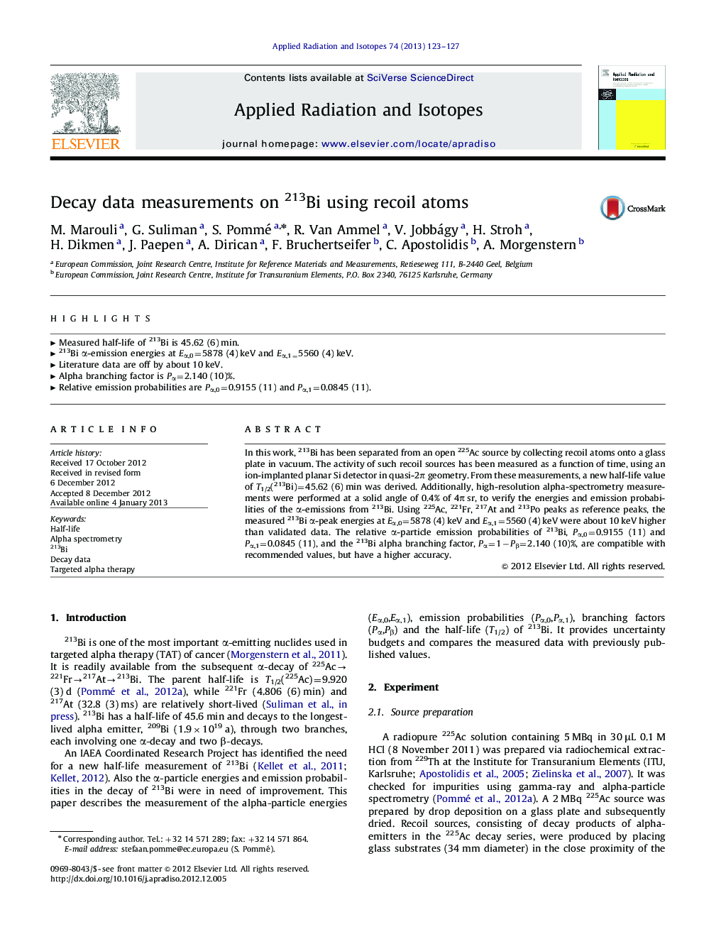 Decay data measurements on 213Bi using recoil atoms