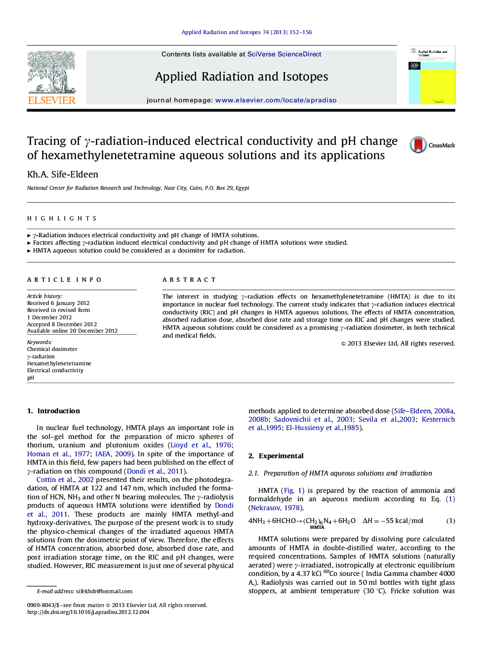 Tracing of γ-radiation-induced electrical conductivity and pH change of hexamethylenetetramine aqueous solutions and its applications