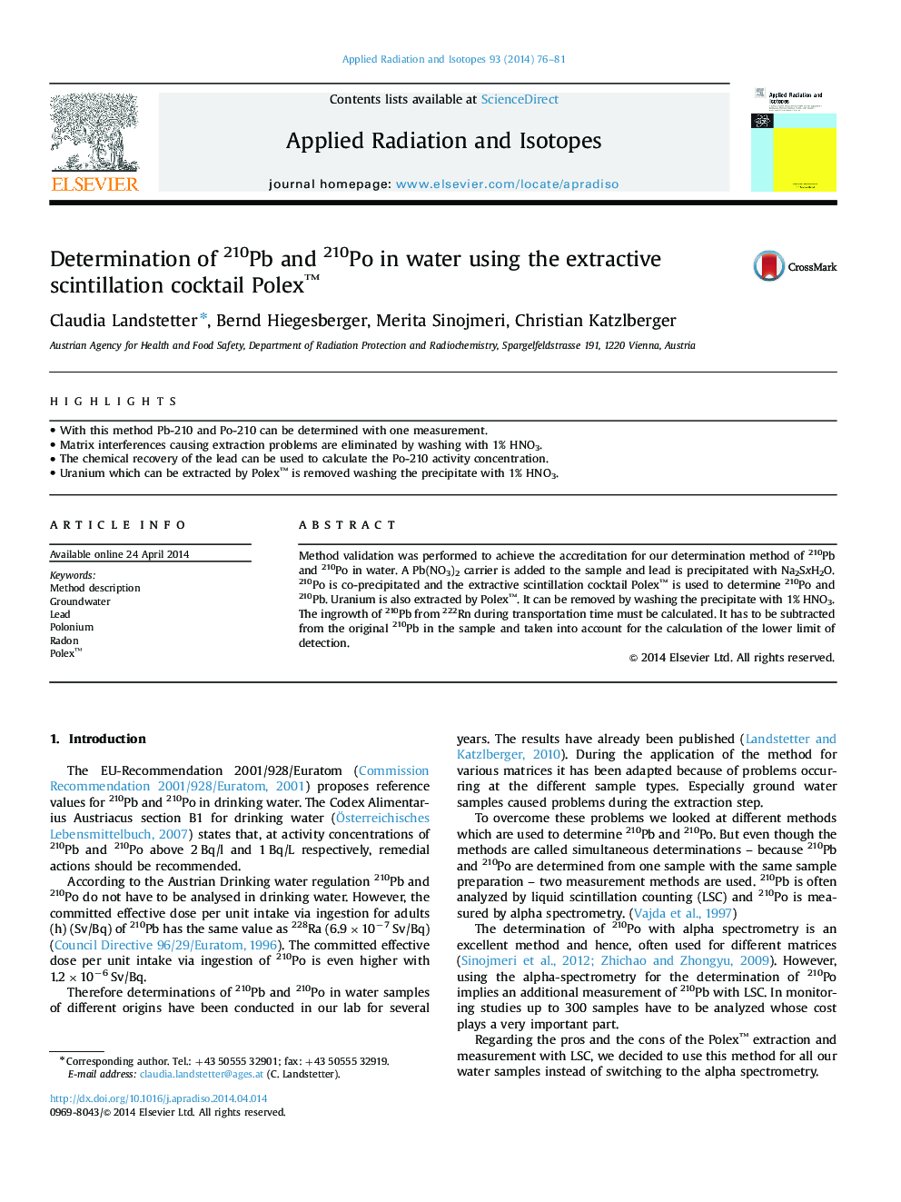 Determination of 210Pb and 210Po in water using the extractive scintillation cocktail Polex™