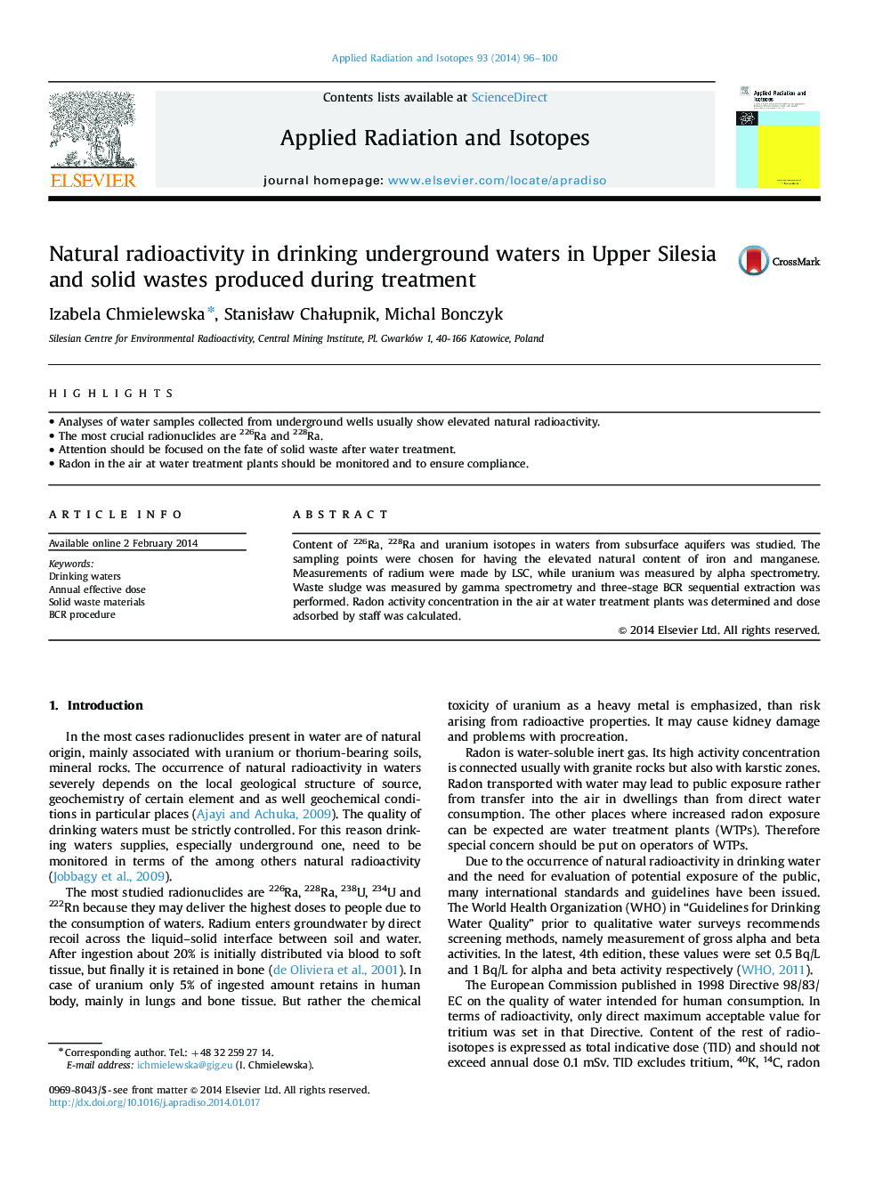 Natural radioactivity in drinking underground waters in Upper Silesia and solid wastes produced during treatment