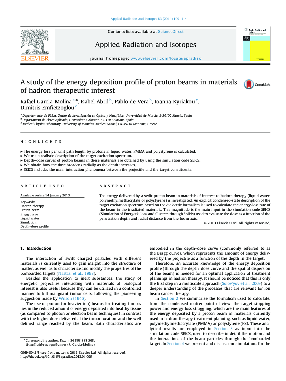 A study of the energy deposition profile of proton beams in materials of hadron therapeutic interest