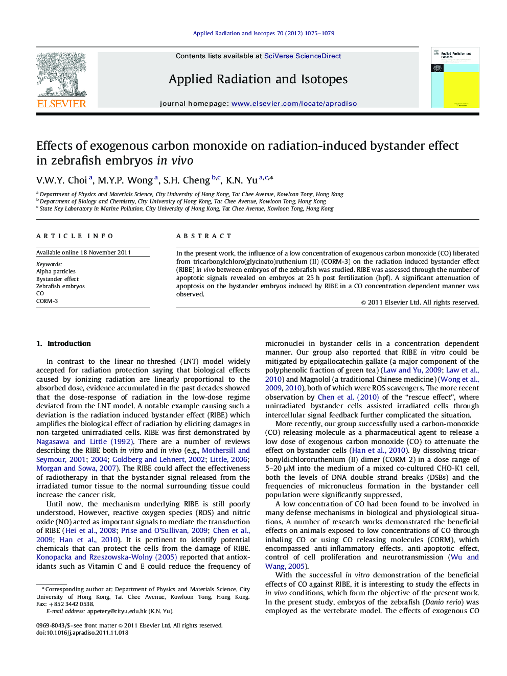 Effects of exogenous carbon monoxide on radiation-induced bystander effect in zebrafish embryos in vivo