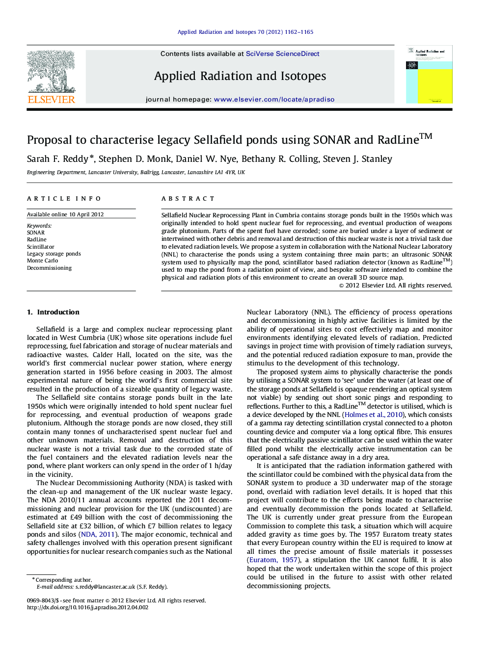 Proposal to characterise legacy Sellafield ponds using SONAR and RadLine™