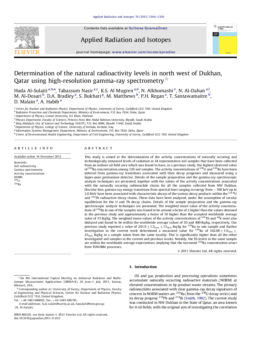 Determination of the natural radioactivity levels in north west of Dukhan, Qatar using high-resolution gamma-ray spectrometry 