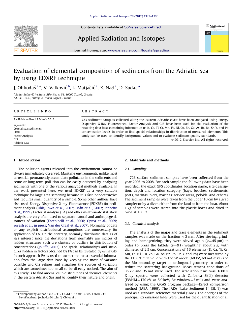 Evaluation of elemental composition of sediments from the Adriatic Sea by using EDXRF technique