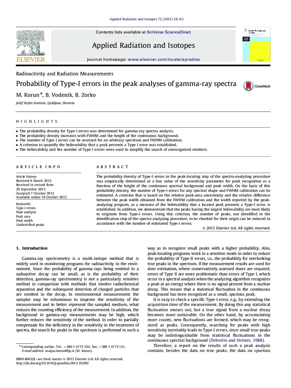 Probability of Type-I errors in the peak analyses of gamma-ray spectra