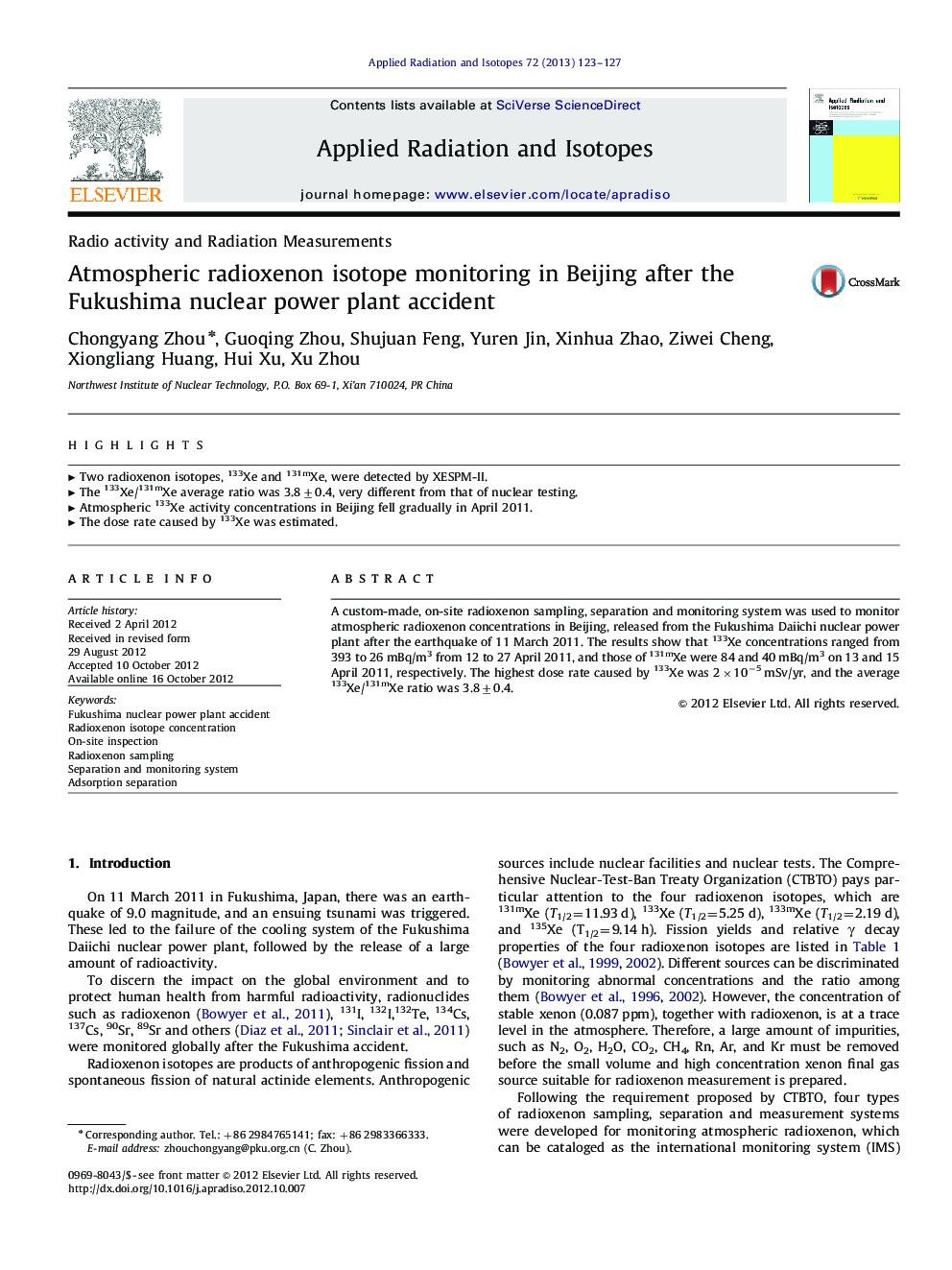 Atmospheric radioxenon isotope monitoring in Beijing after the Fukushima nuclear power plant accident