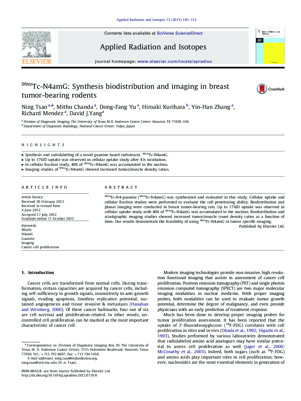 99mTc-N4amG: Synthesis biodistribution and imaging in breast tumor-bearing rodents