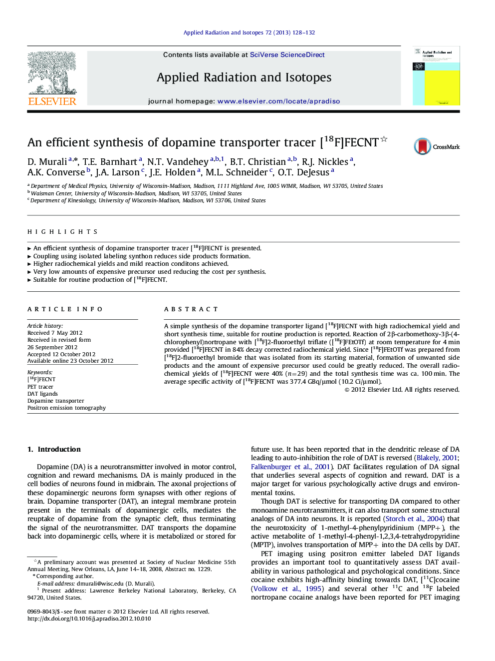 An efficient synthesis of dopamine transporter tracer [18F]FECNT 