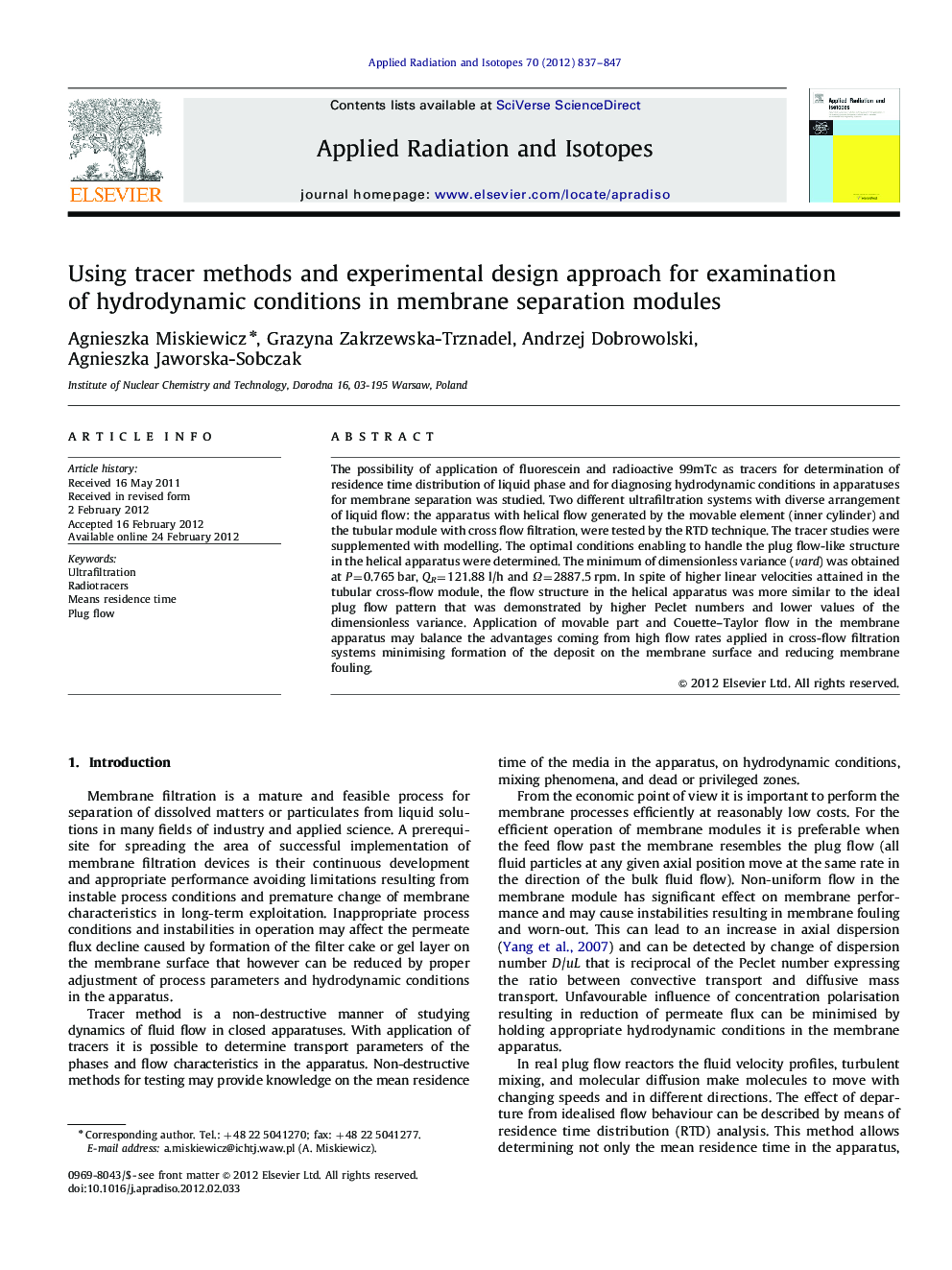 Using tracer methods and experimental design approach for examination of hydrodynamic conditions in membrane separation modules