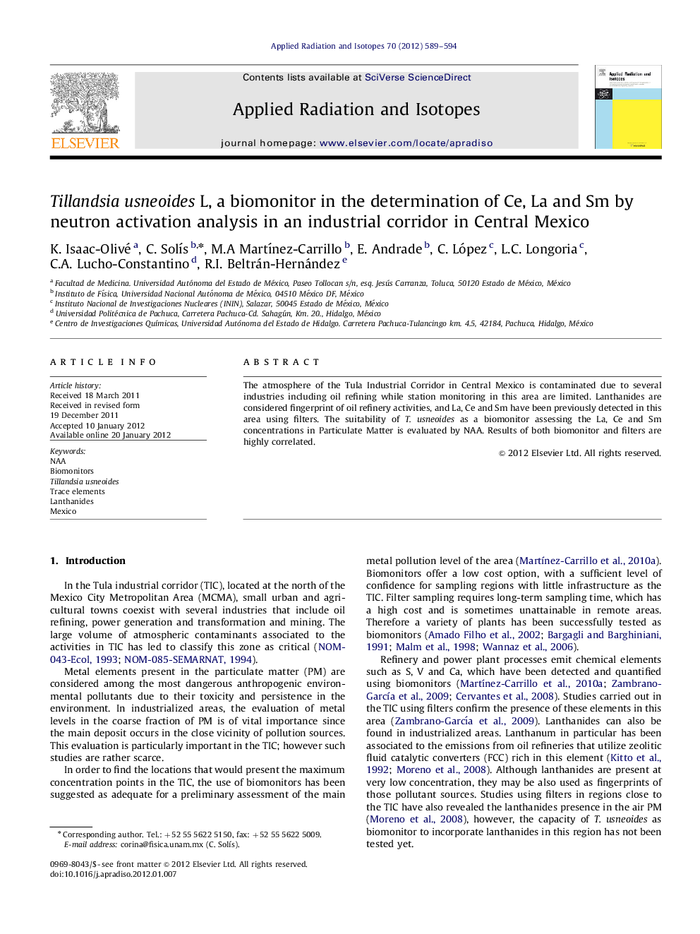 Tillandsia usneoides L, a biomonitor in the determination of Ce, La and Sm by neutron activation analysis in an industrial corridor in Central Mexico