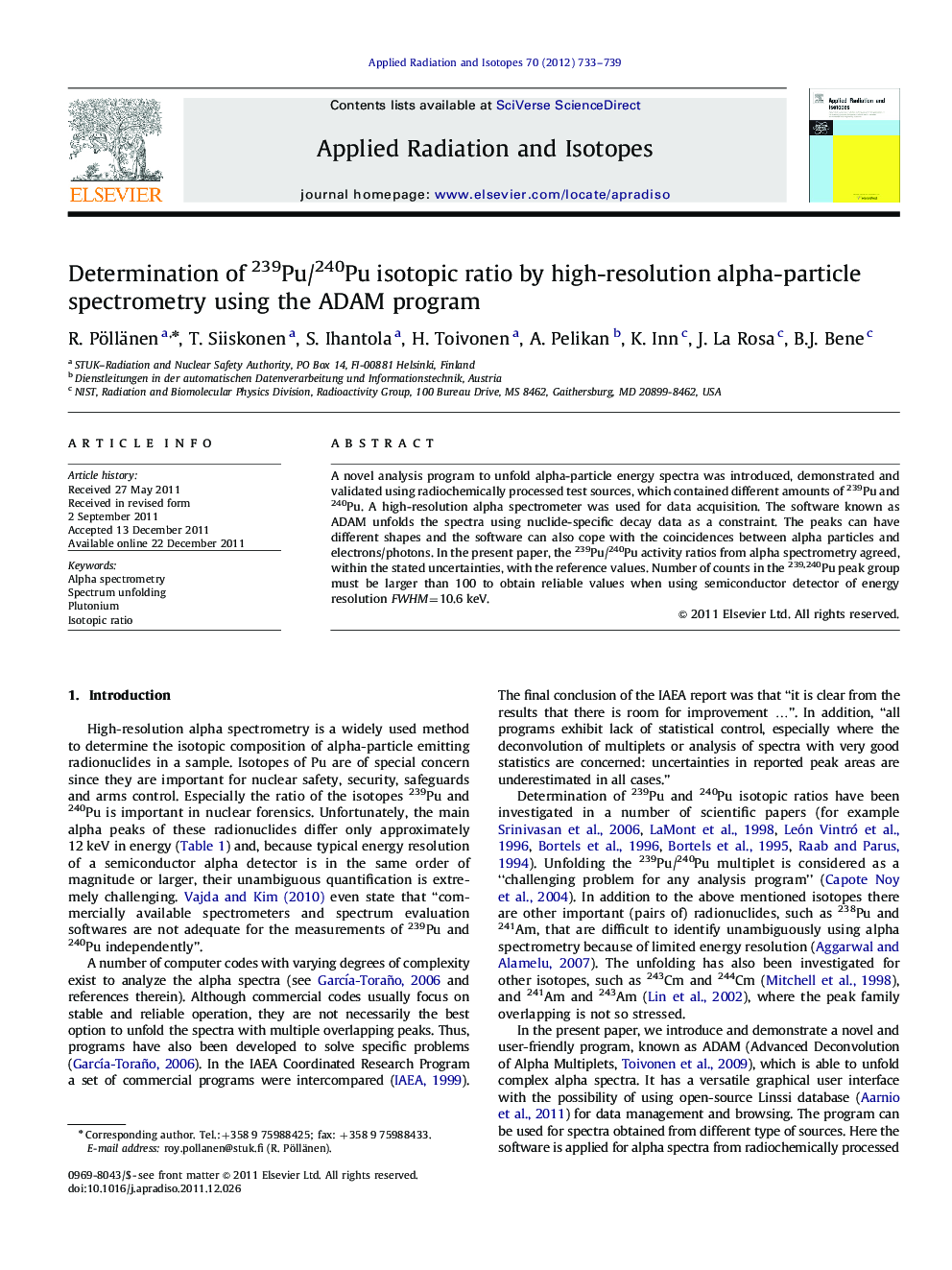 Determination of 239Pu/240Pu isotopic ratio by high-resolution alpha-particle spectrometry using the ADAM program